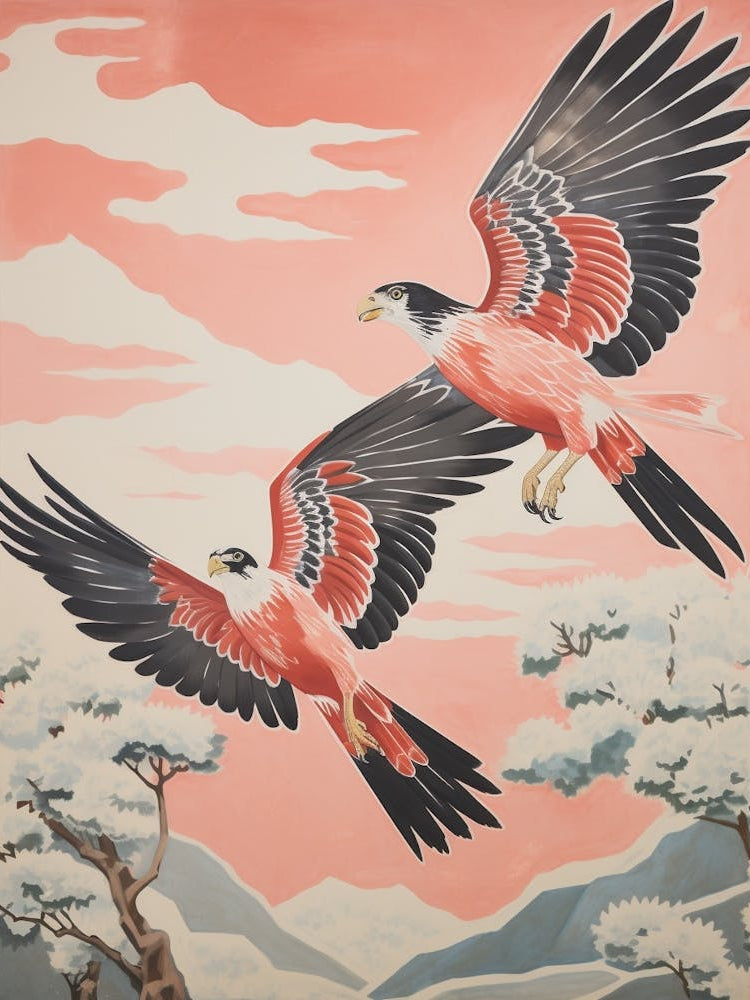 Vintage Japanese Inspired Bird Print Hawk 1