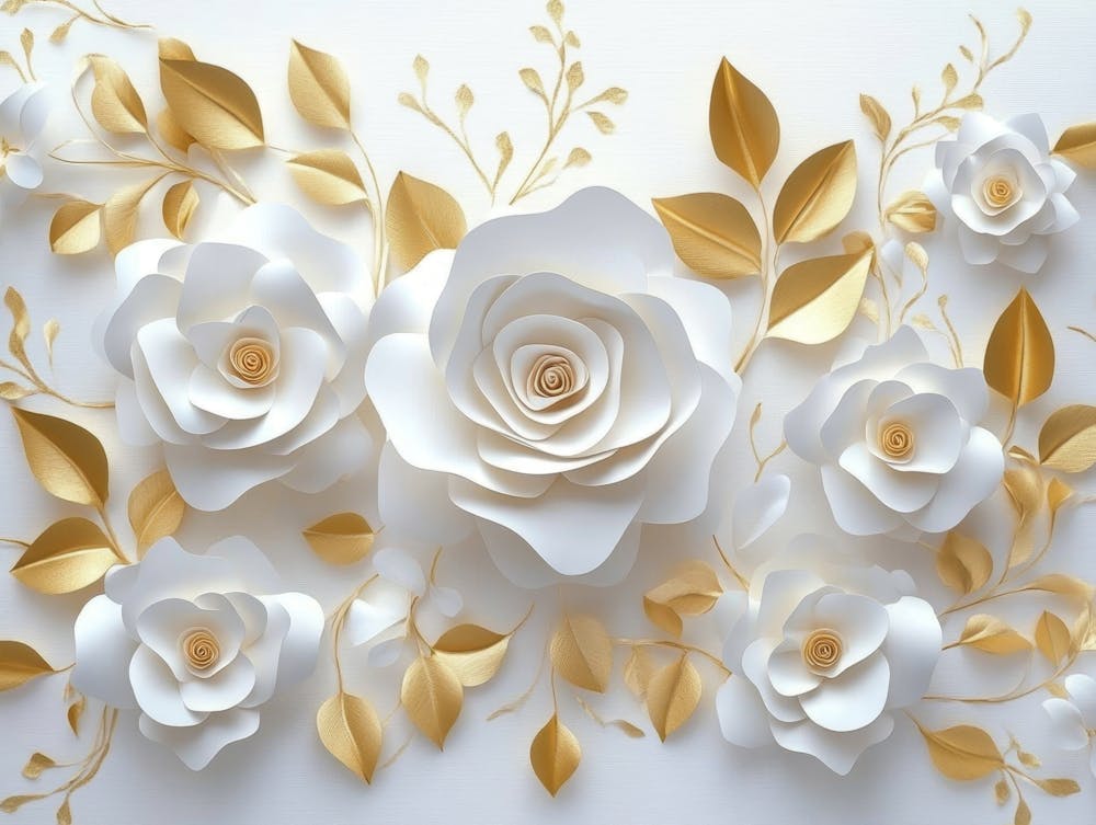 3D Weiße Papierrosen auf Weißem Hintergrund, Goldene Blätter, Ein Elegantes Blumenmuster