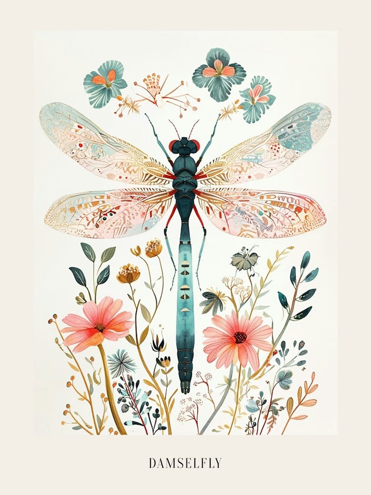 Colourful Insect Illustration Damselfly 13 Poster
