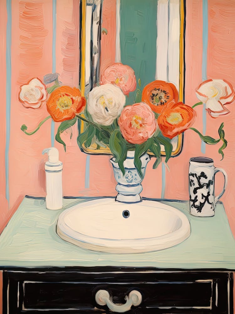 Bathroom Vanity Painting With A Ranunculus Bouquet 1