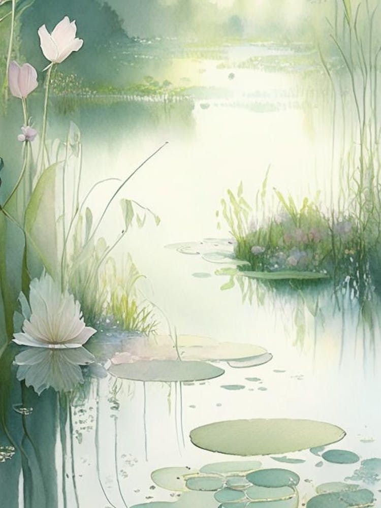 Pond With Lily Pads Water Waterscape Gouache 1