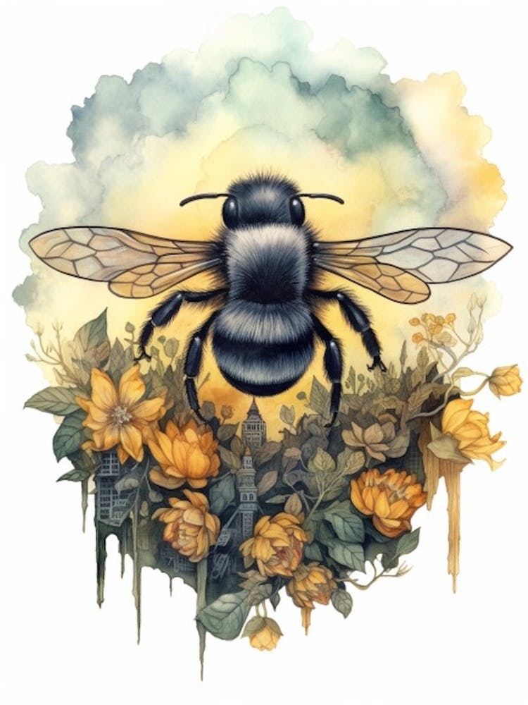 Striped Sweat Bee Beehive Watercolour Illustration 4