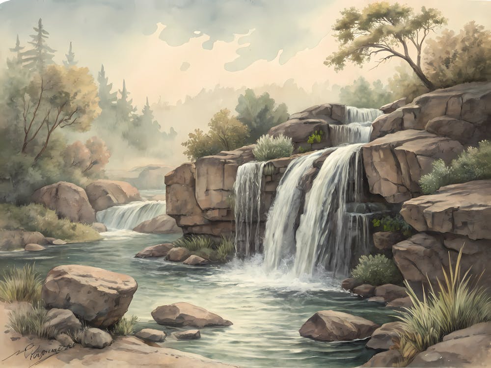 Retro Vintage Style A Gentle Waterfall Cascading D 1