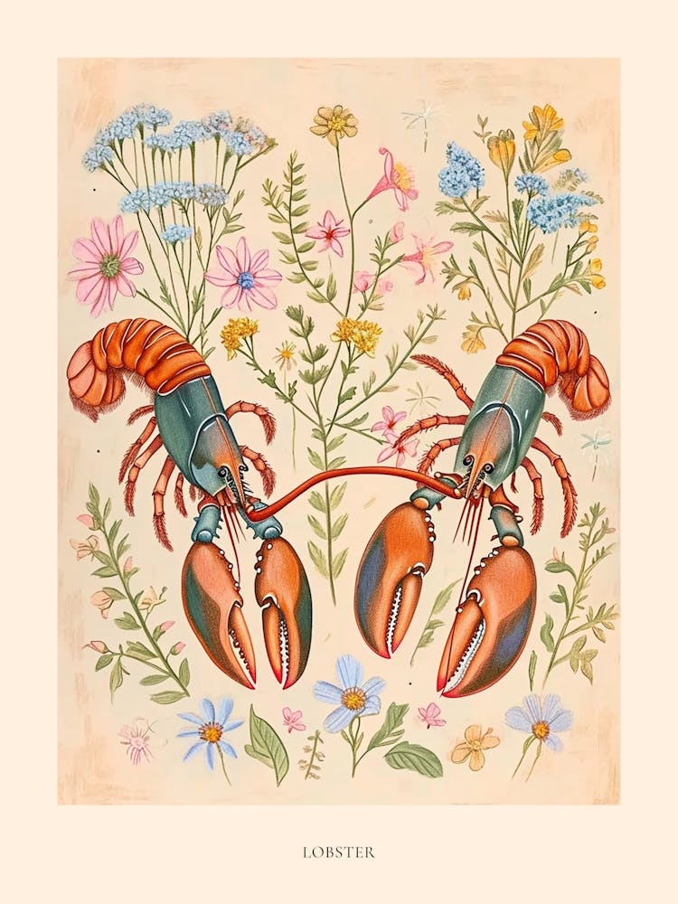 Folksy Floral Animal Drawing Lobster 2 Poster