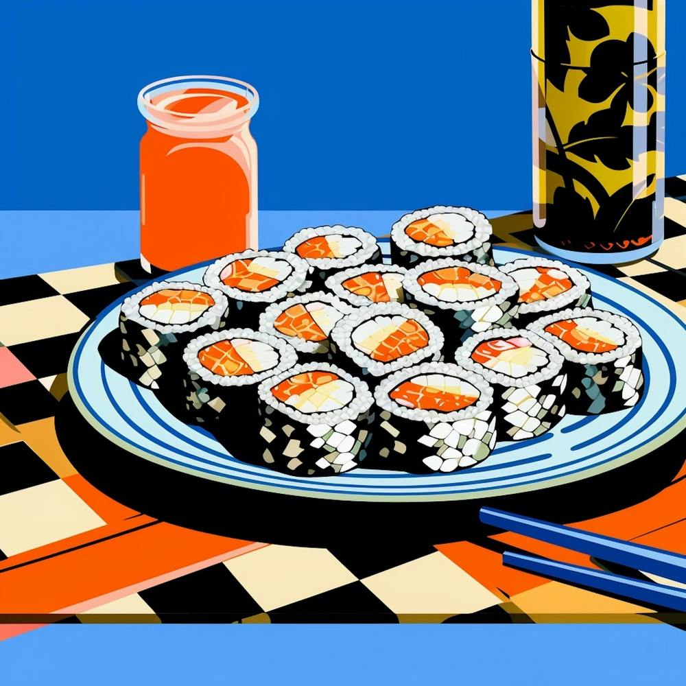 Sushi Blaues Schachbrett Pop Art 2