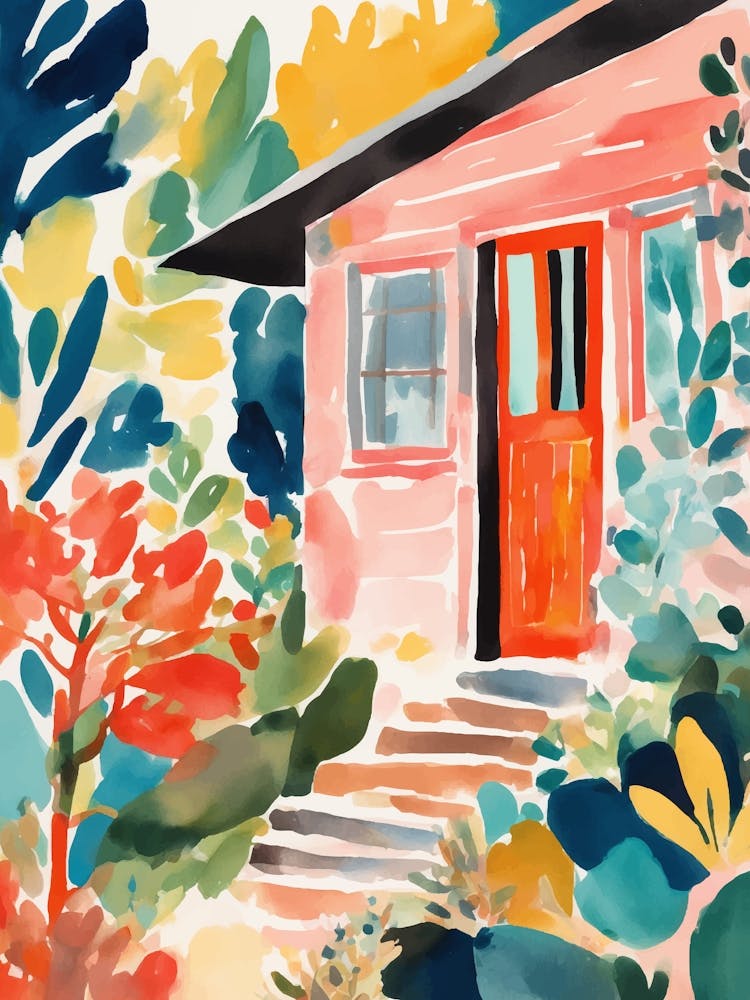 Pink House with plants and flowers