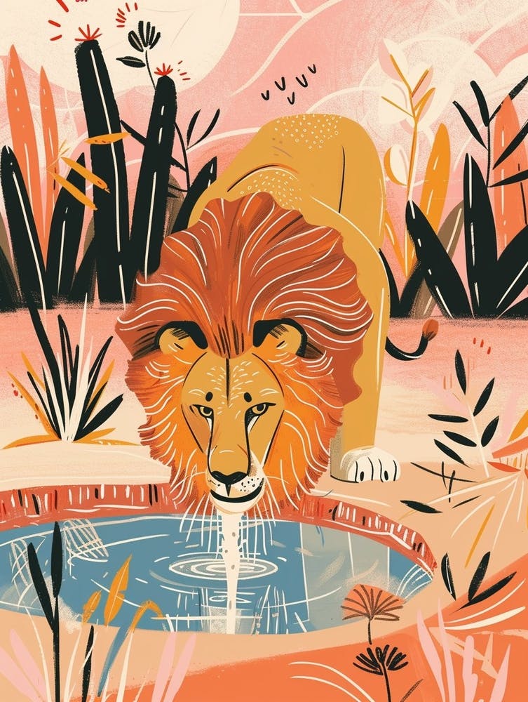 African Lion Drinking From A Watering Hole Illustration 4