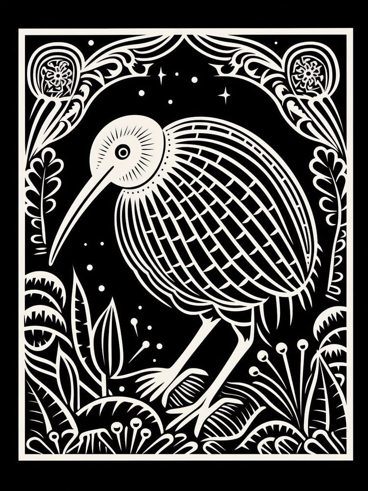 B&W Bird Linocut Kiwi 1