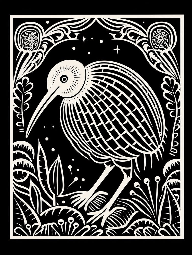 B&W Bird Linocut Kiwi 1