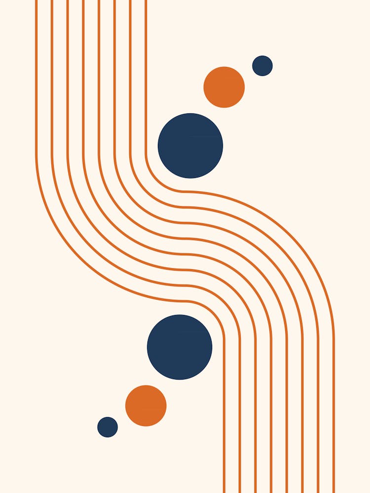 Modern Mid Century Sun and Rainbow Abstract 13 in Navy Blue and Burnt Orange