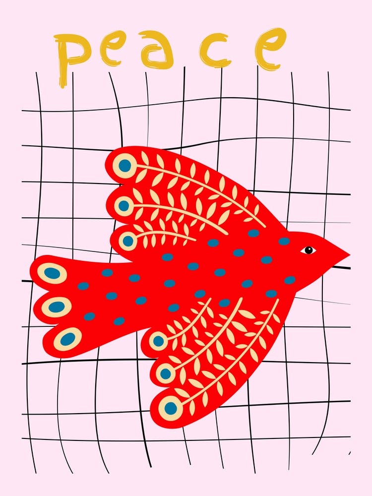 Peace Folk Red Bird On Grid