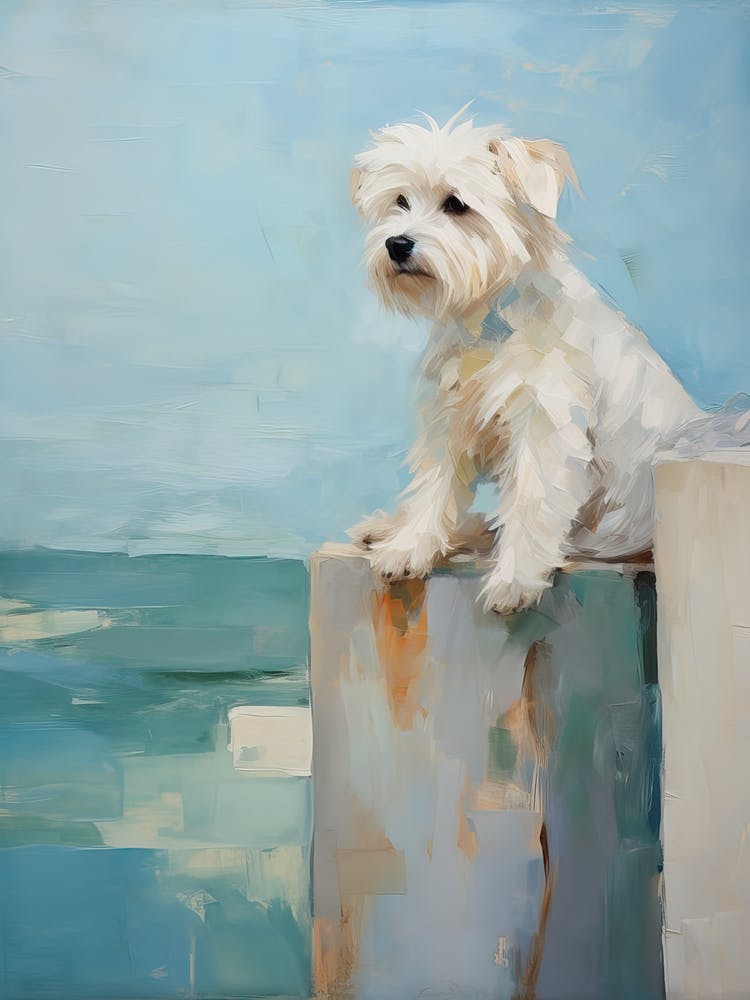 Maltese Dog, Painting In Light Teal And Brown 2