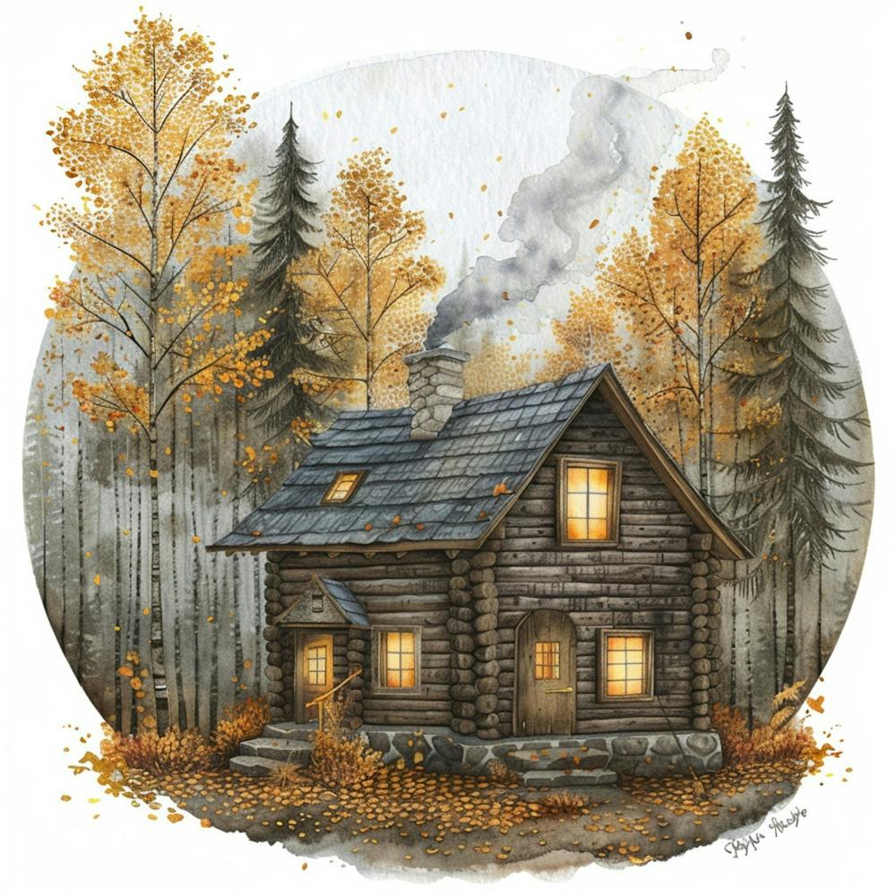 Clipart, das eine skurrile Aquarellillustration einer gemütlichen Waldhütte mit Rauchschwaden aus dem Schornstein, warmen Lichtern, gelben Espen, Herbstlaub, rustikalem Flair, detaillierten Texturen in den folgenden Farben Sattelbraun, Sand darstellt