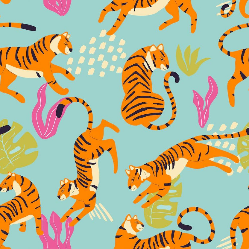 Tiger Pattern On Blue With Tropical Leaves Square