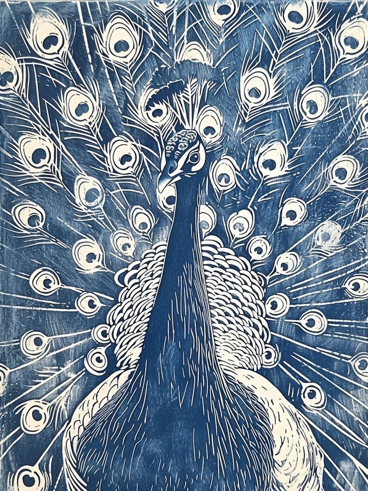 Navy Blue Linocut Inspired Peacock With Feathers Out 3