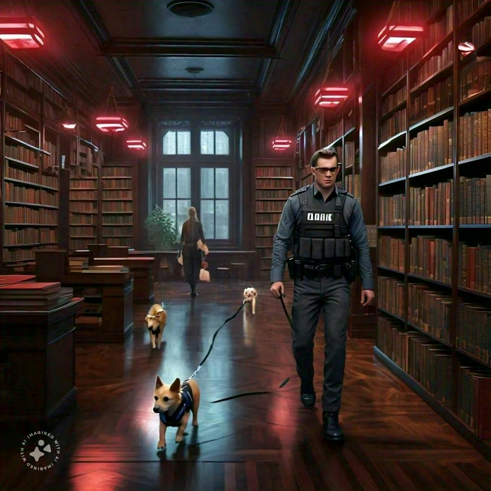 Police Officer Walking Dogs In Library 1