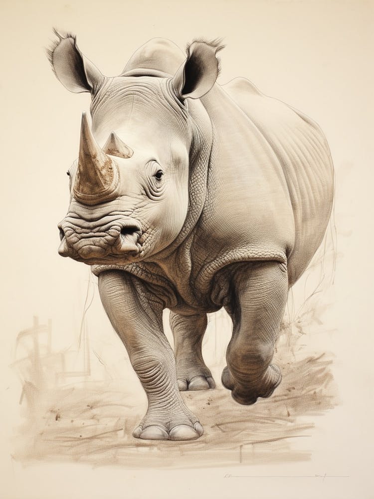 Vintage Rhino Walking Illustration  1
