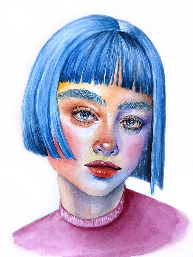 Watercolor portrait of a blue haired girl