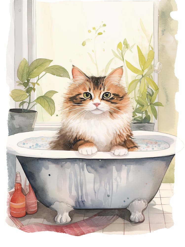 Norwegian Forest Cat In Bathtub Botanical Bathroom 7