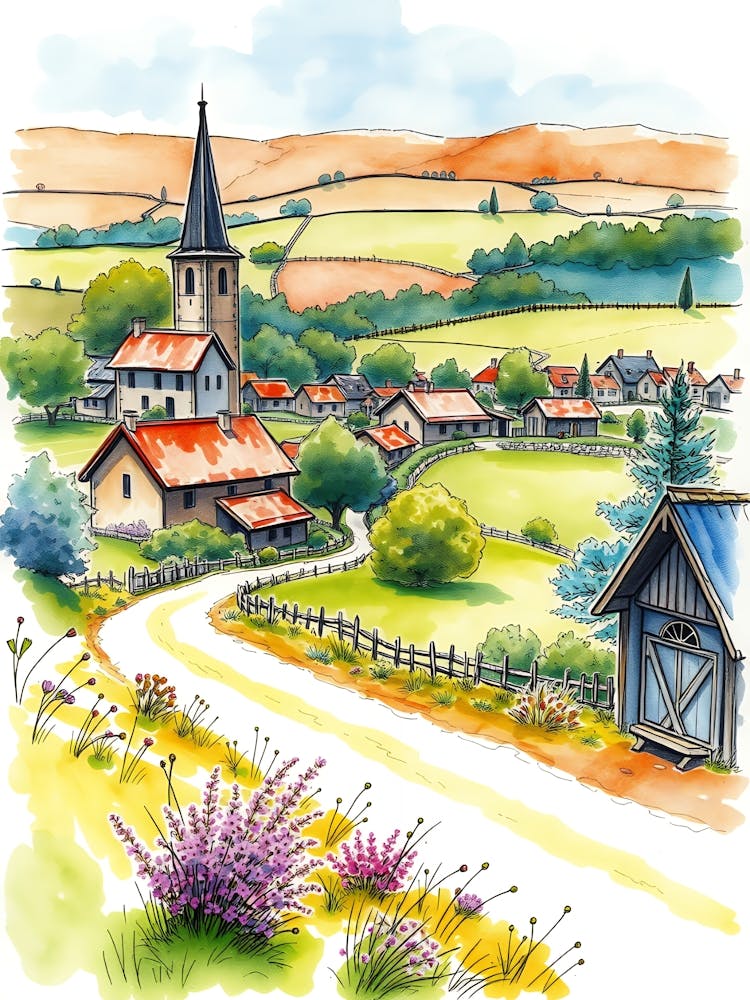 Watercolor Illustration Of A Village