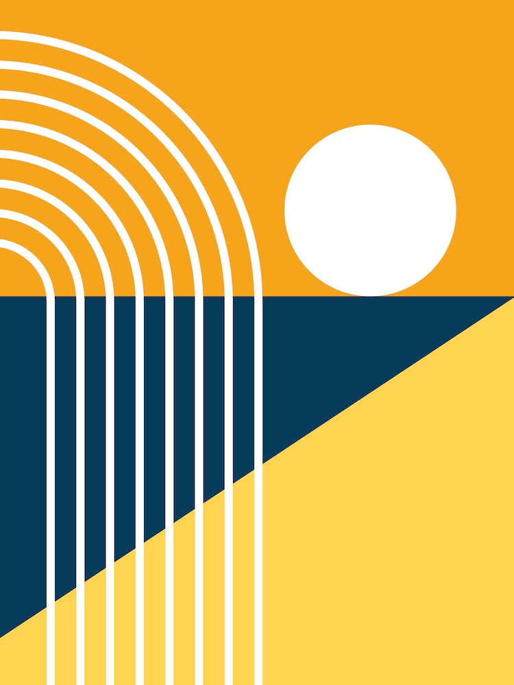 Sun Rise Over The Ocean, Rainbow, Beach Abstract in Mustard Yellow Navy Blue 2
