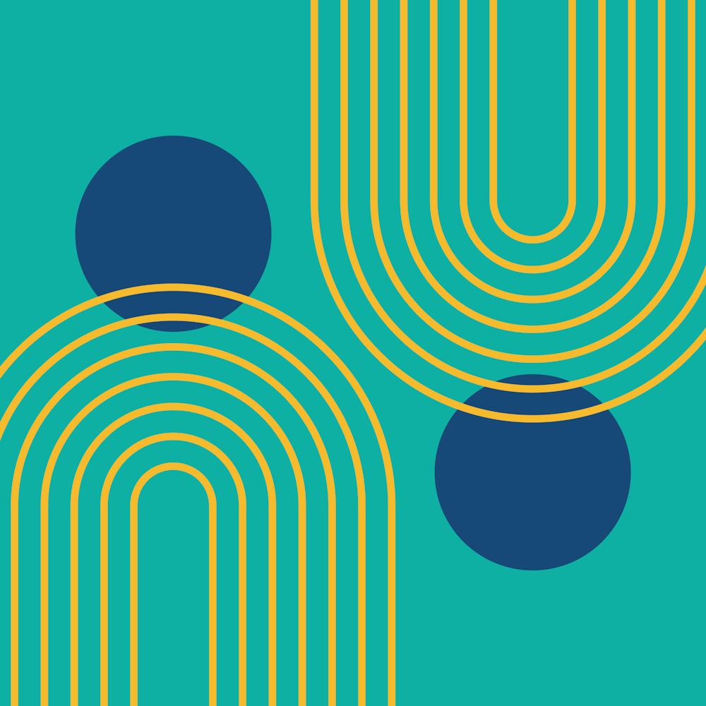 Géométrique moderne du milieu du siècle cI en bleu sarcelle, bleu marine, jaune moutarde (abstraction arc-en-ciel et soleil) 5