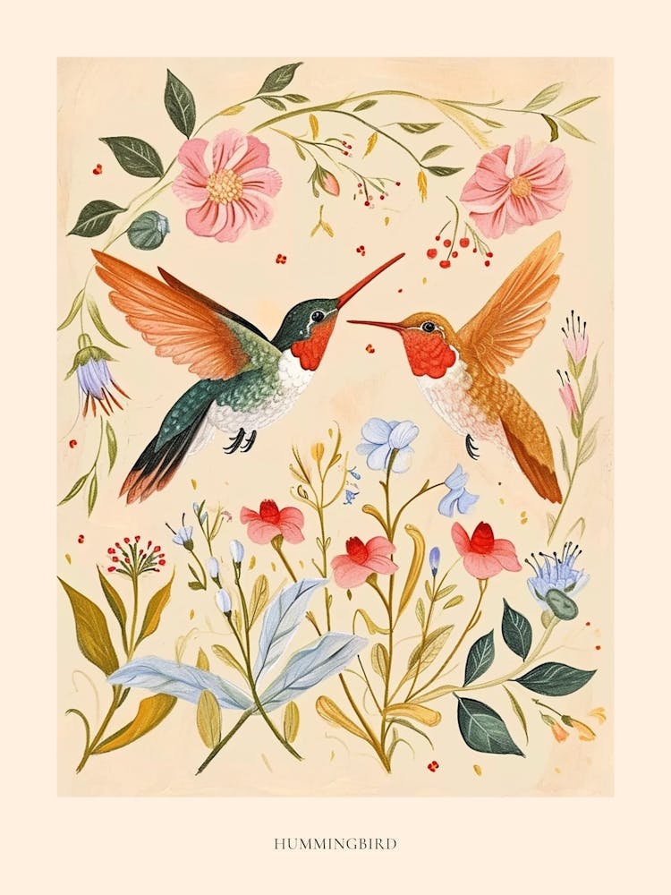 Folksy Floral Animal Drawing Hummingbird 2 Poster