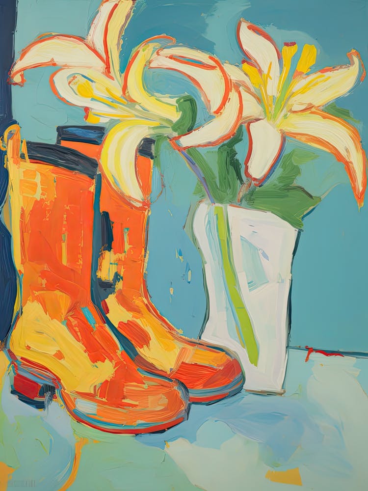 Painting Of Yellow Flowers And Cowboy Boots, Oil Style 11