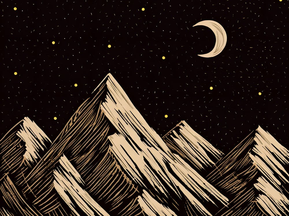 Mountain Night Sky Print - Stars and Crescent Moon Wall