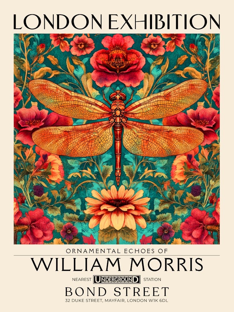 William Morris Libellen- und Blumenkunstwerk lebendige Farben, Insekten- und Blumenmuster Botanischer Vintage-Druck, maximalistische Wandkunst Wohnzimmer Boho Dekor, Blumentapisserie im viktorianischen Stil Vintage Dekor 13