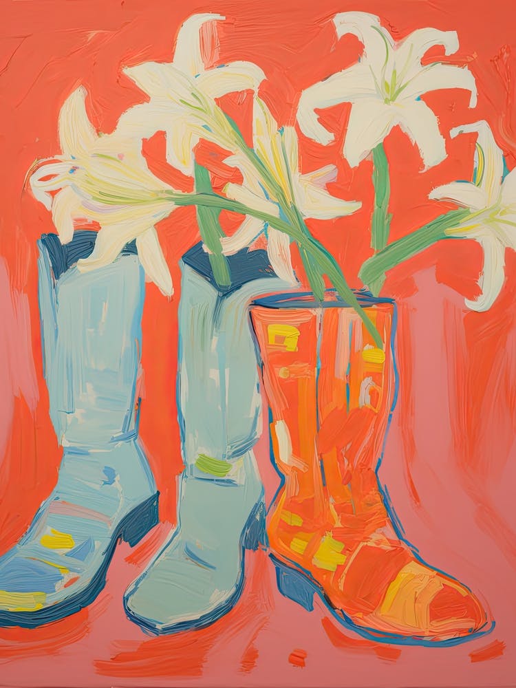 Painting Of White Flowers And Cowboy Boots, Oil Style 5