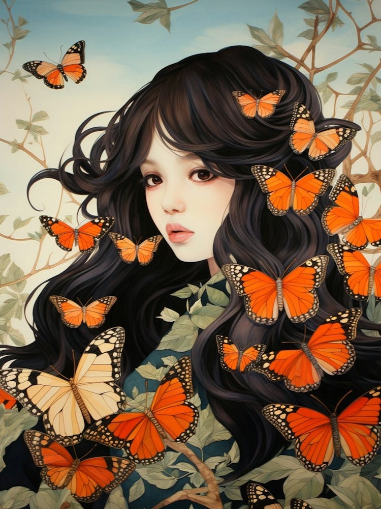 Butterfly Girl Japanese Style Painting