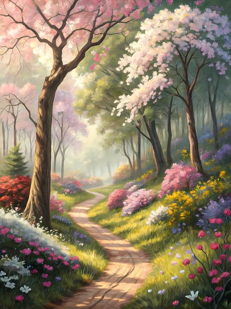 A Forest Path Lined with Blossoming Trees Oil Painting Style