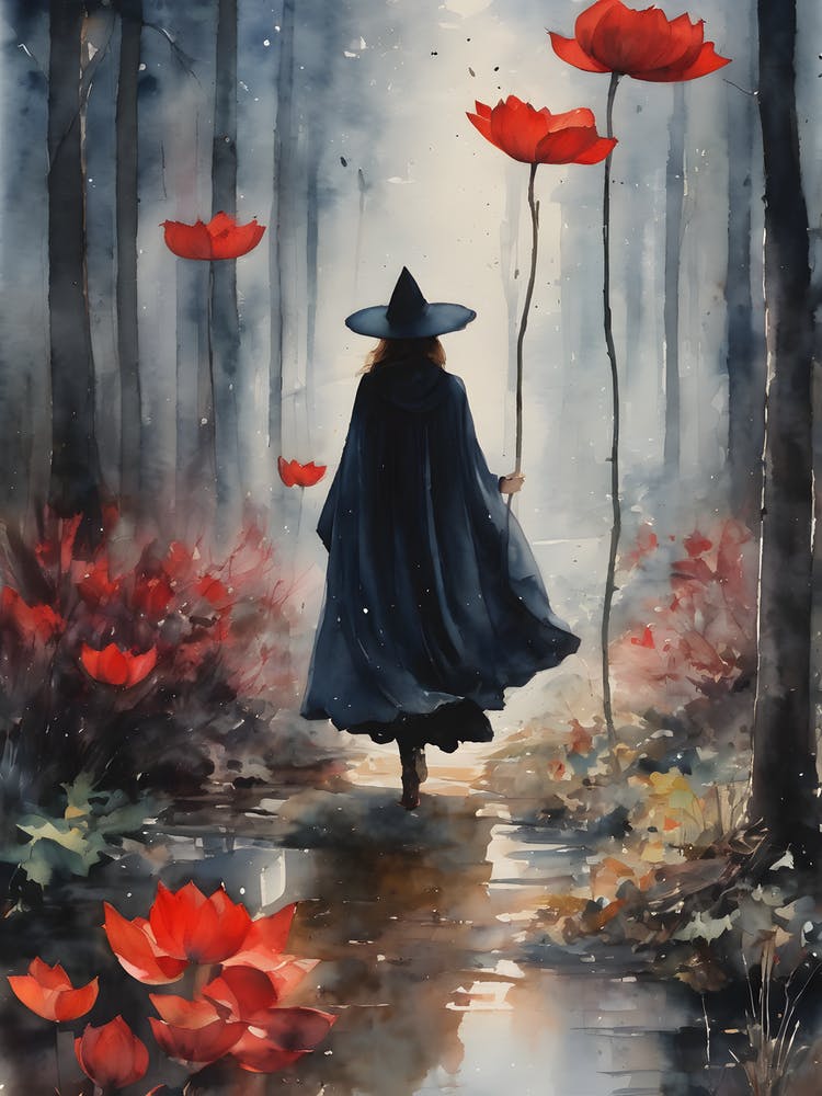 Witch Running In Red Lotus Woods ~ Witchy Artwork of a Black Cloaked Witch Figure Hurrying Through Mysterious Enchanted Moonlit Forest Filled With Wonderland Red Lotus Flowers Fairytale Witchcore Cottagecore Watercolor