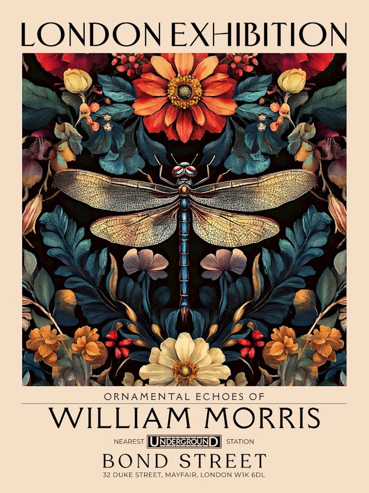 William Morris Dragonfly and floral artwork, insect and flower pattern vintage Botanical print for cottagecore, maximalist decor,floral tapestry Victorian nature illustration bedroom vintage decor 11