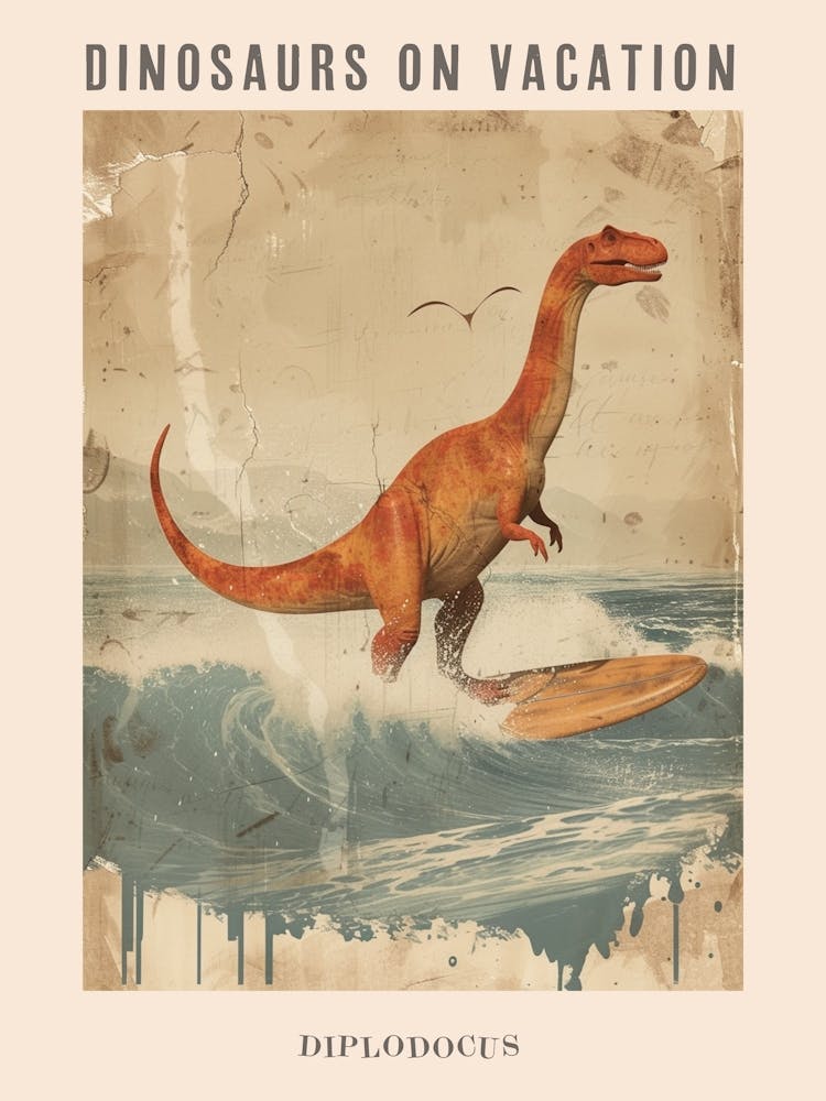 Dinosaure Diplodocus Vintage Sur une Planche de Surf 2 - Affiche