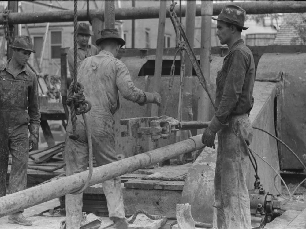 Untitled Photo, Possibly Related To Oil Field Workers Releasing Pipe Wrenches From Drill Pipe, Oil Well, Kilgore, Texas