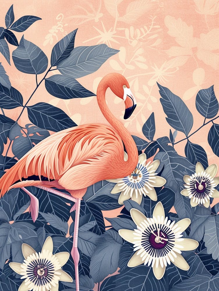 American Flamingo And Passionflowers Minimalist Illustration 4