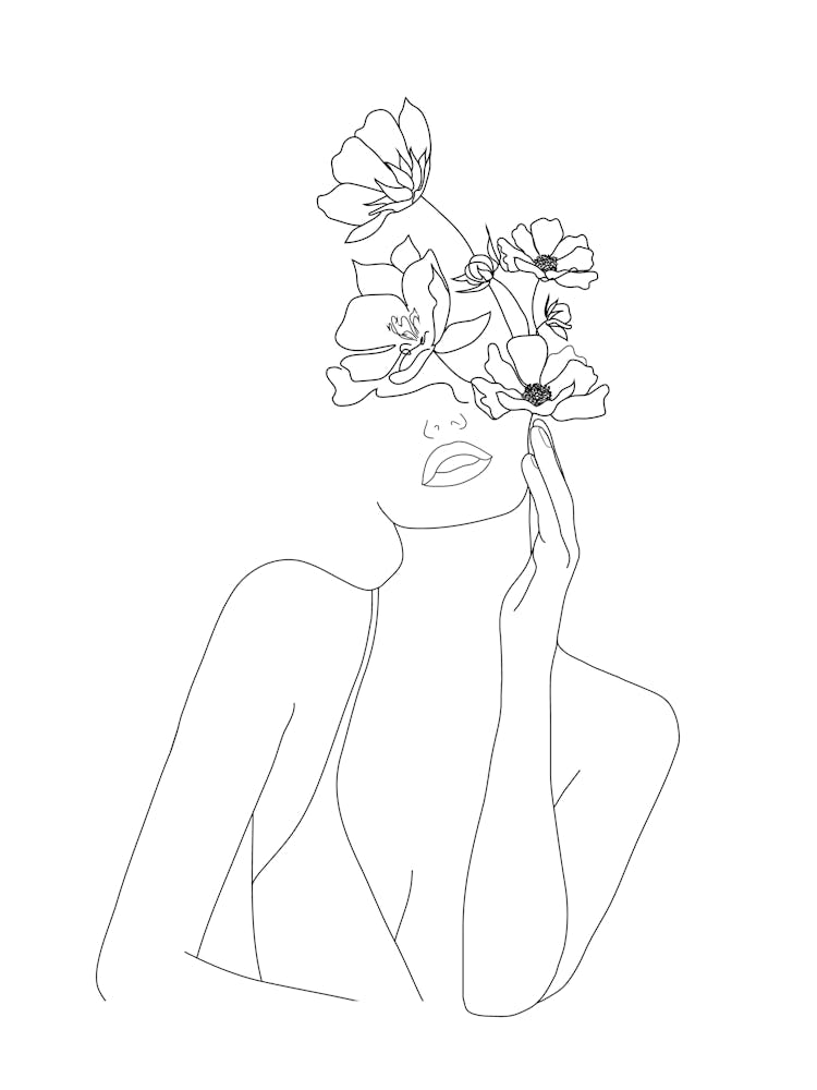 Minimal Line Art Woman with Flowers
