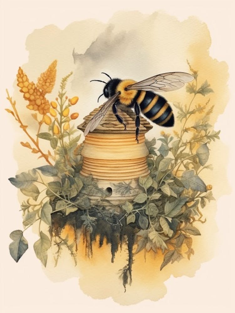 Black And Gold Bumble Bee Beehive Watercolour Illustration 3