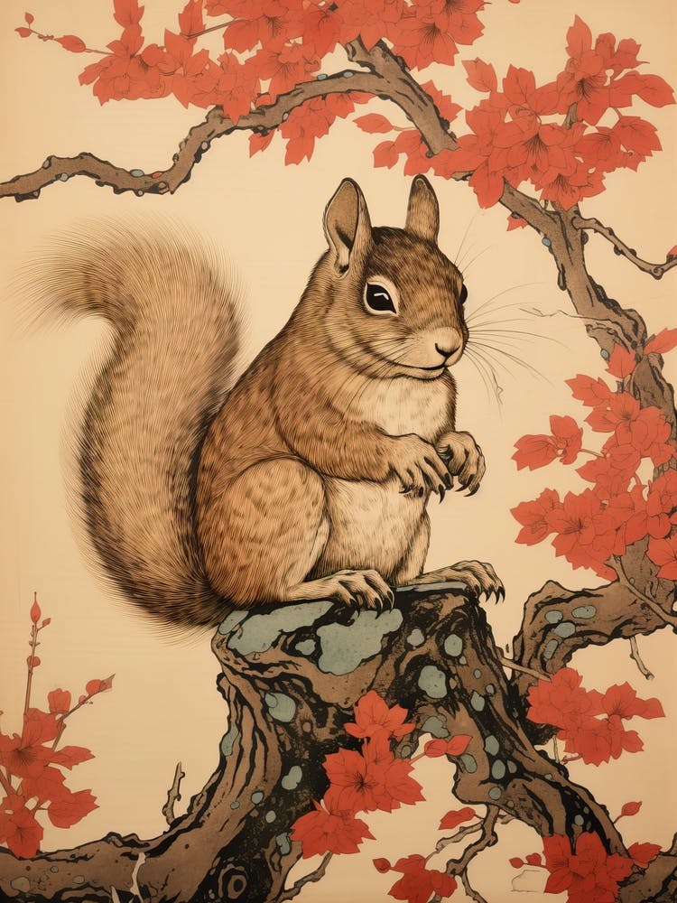 Squirrel Animal Drawing In The Style Of Ukiyo E 4
