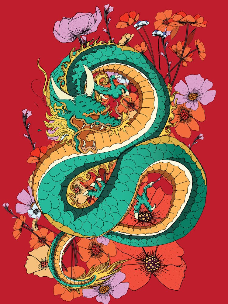 Asian Dragon And Flowers