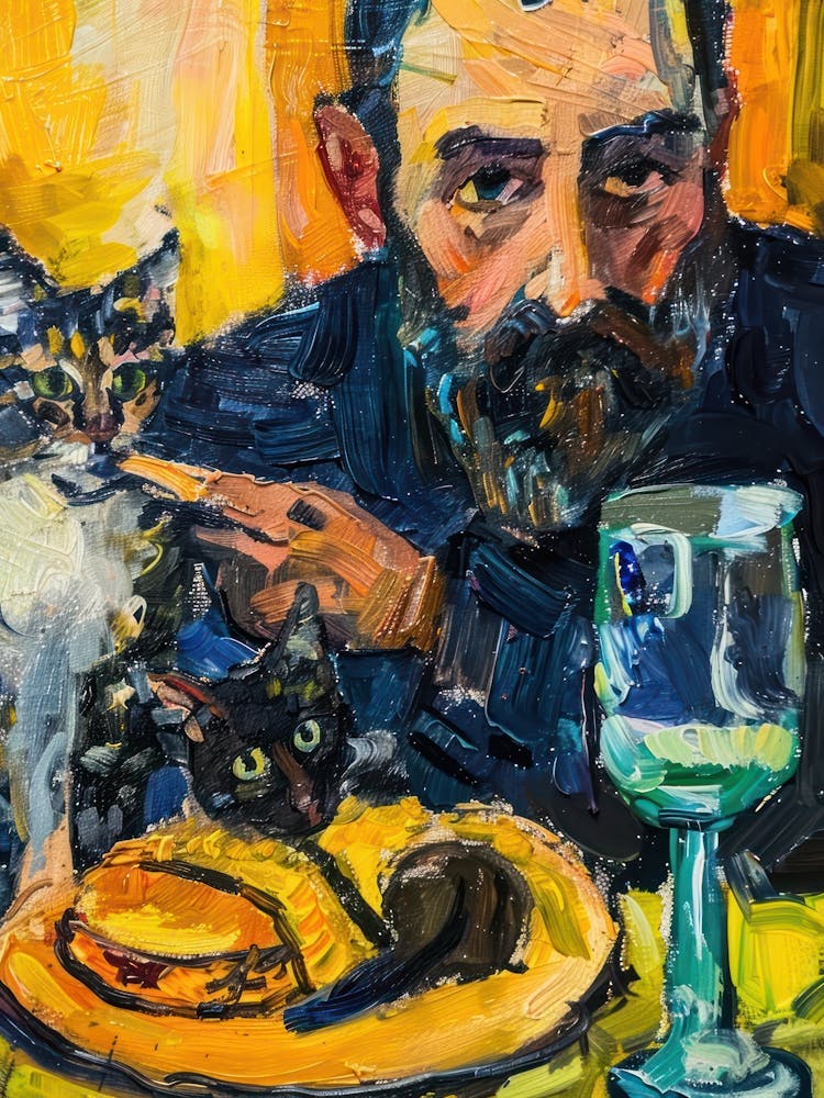 Portrait Of A Man With Cats Having Dinner 2