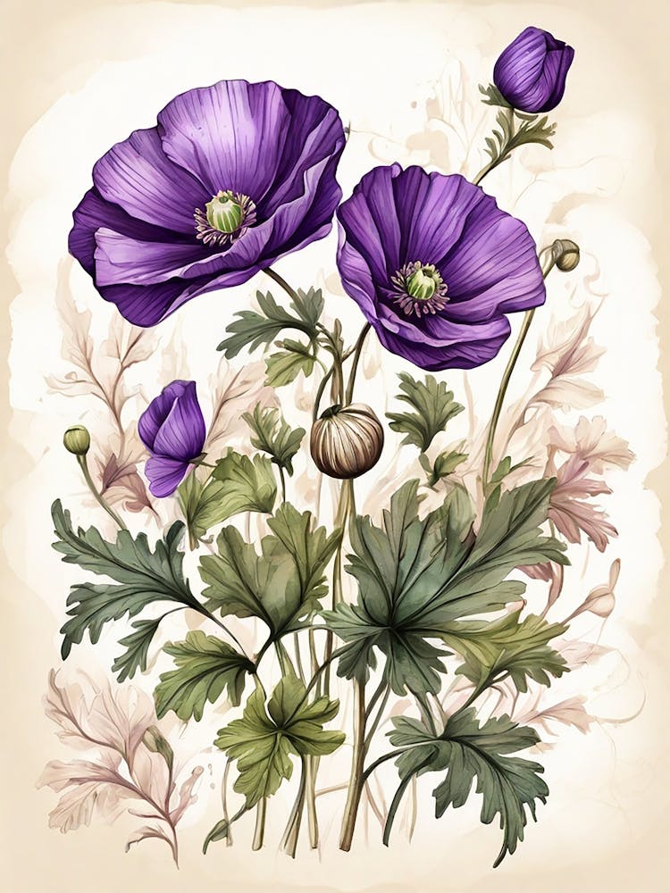 Purple Poppy Mallow Wildflower Vintage Botanical 1