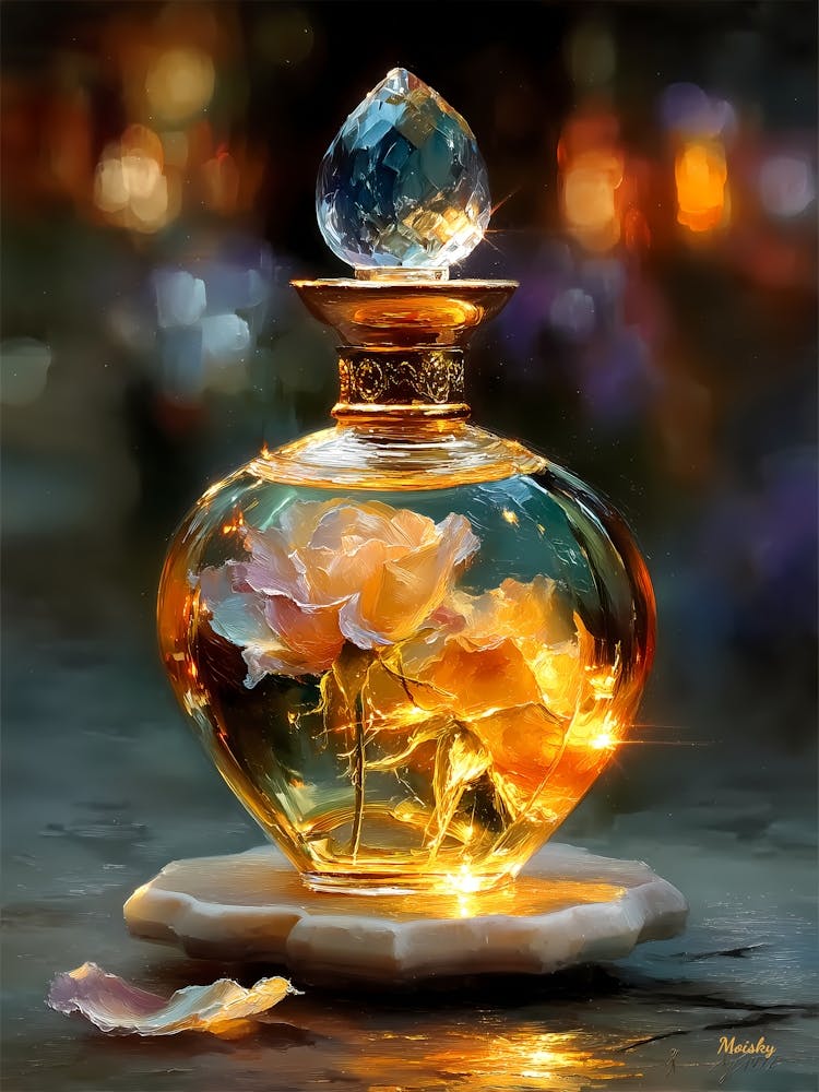 Éclat Rose Ambré, Art Bouteille de Parfum Magique, or
