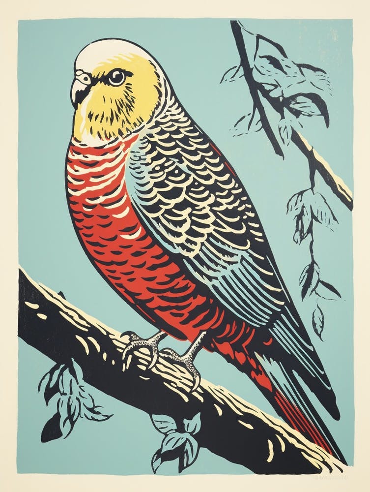 Vintage Bird Linocut Budgerigar 2