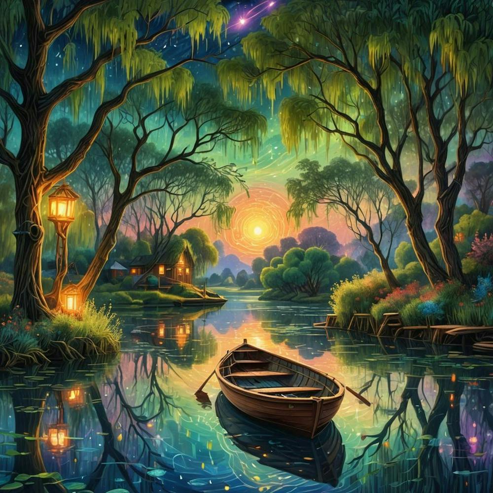 Beautiful Sunset Boat Trees