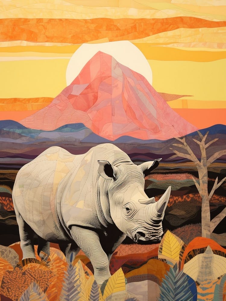 Nashorn bei Sonnenaufgang Collage Stil 1