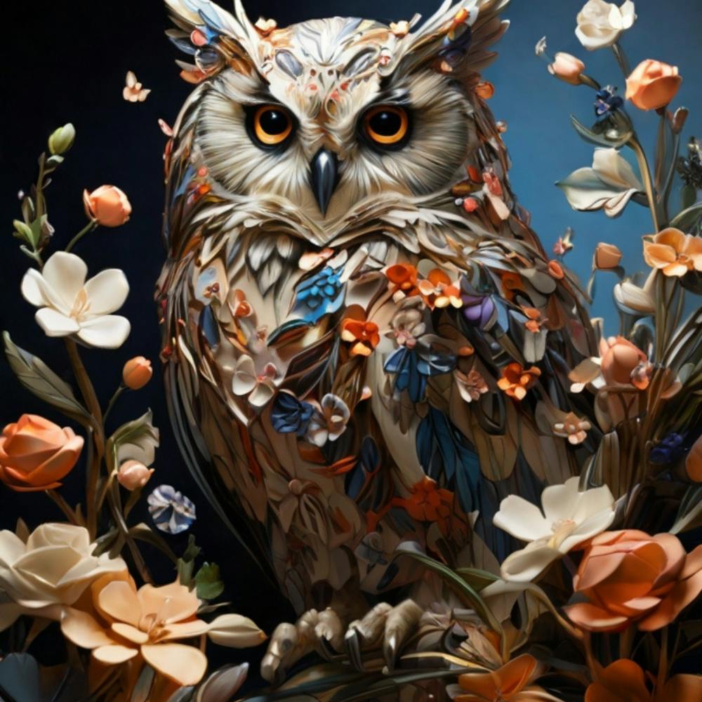 Beautiful owl amidst roses