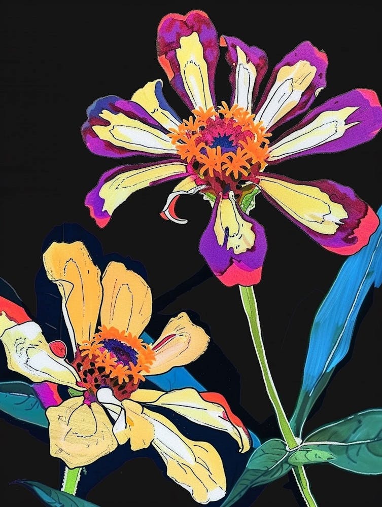 Neonblumen auf Schwarz Zinnie 3